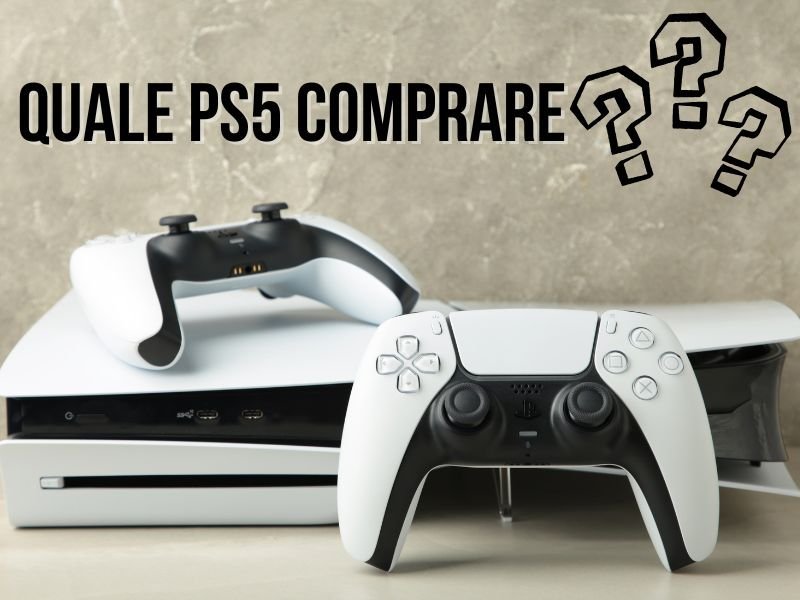 PlayStation 5 con due controller DualSense affiancati, console nera e bianca moderna, guida alla scelta PS5